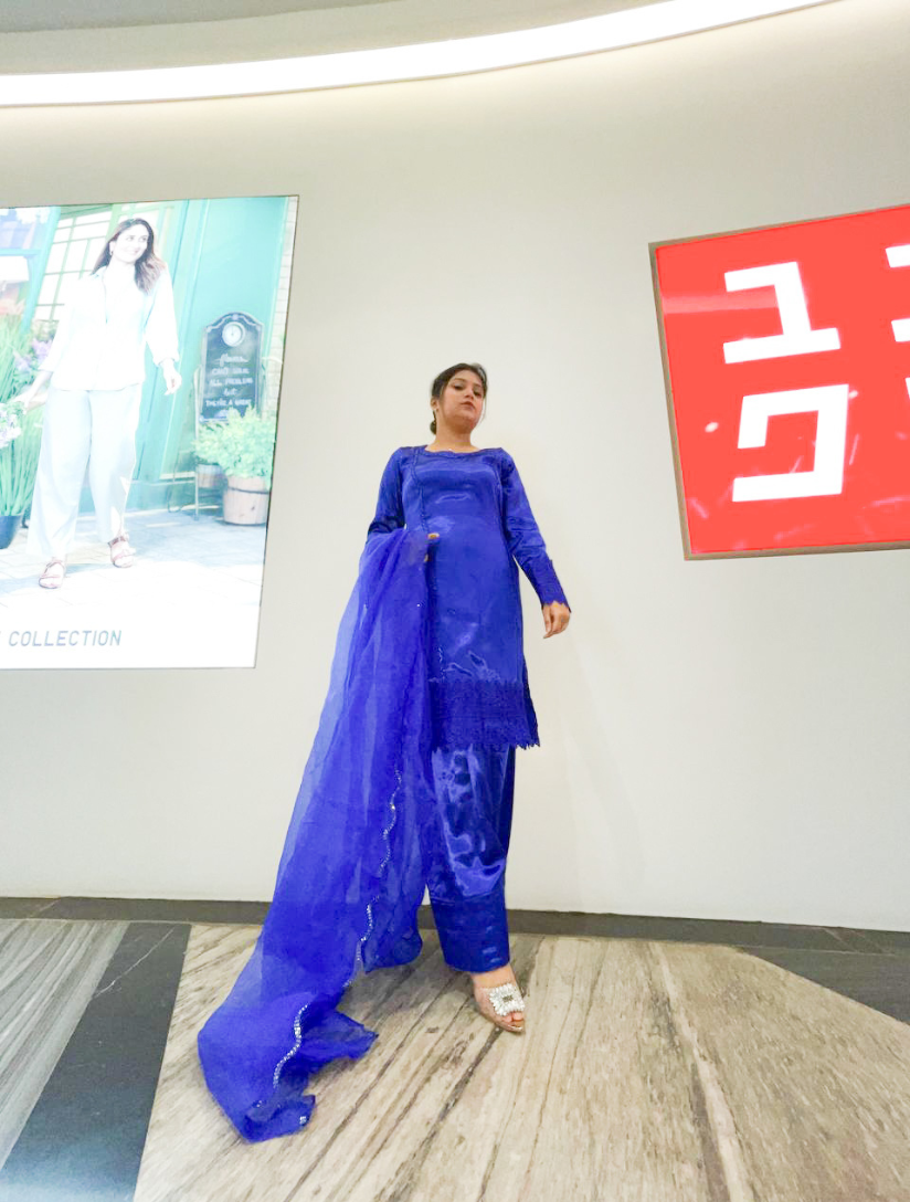 Mehrunnisa Farshi Shalwar Royal blue 3 pc Set – Ready Stitched