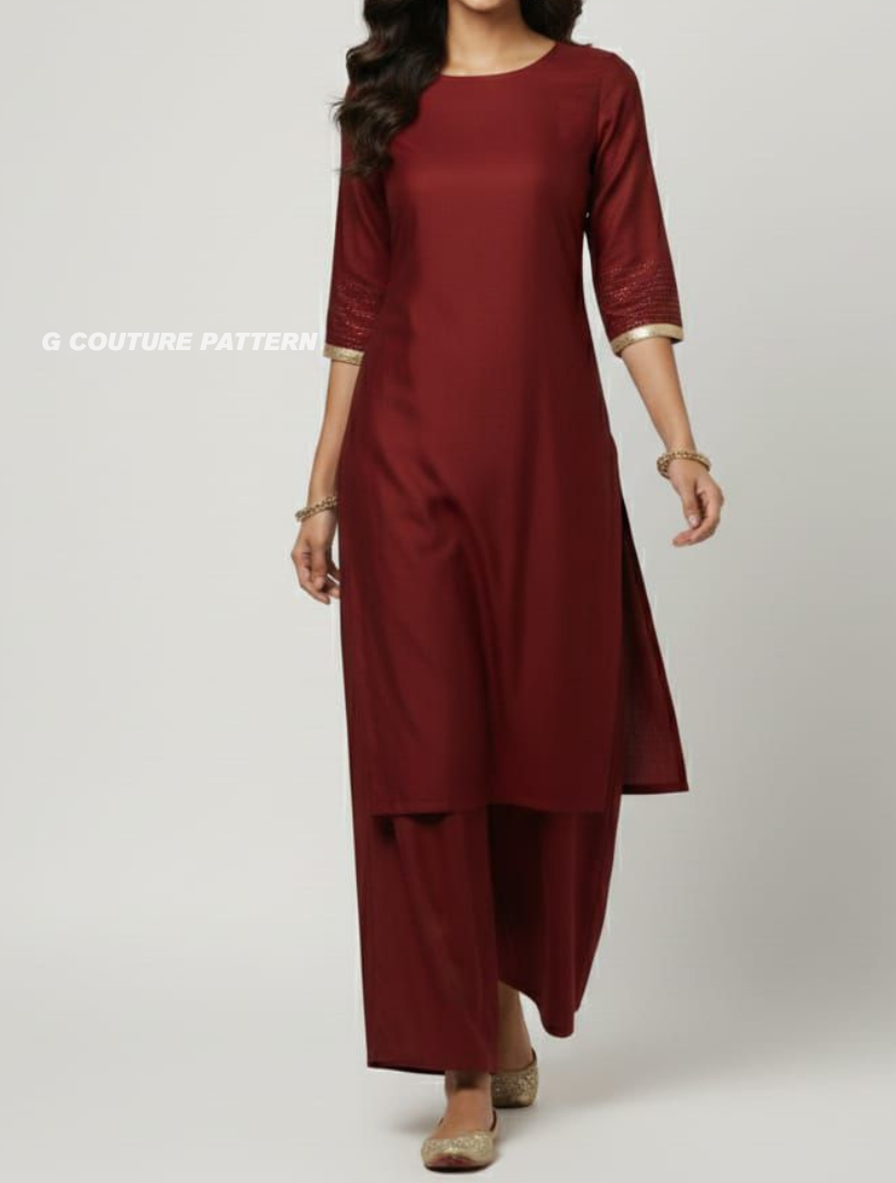 Physical Basic Women’s Kurti + plazo Set – 3/4 Sleeve Physical Sewing Pattern- size xxs to 3xl