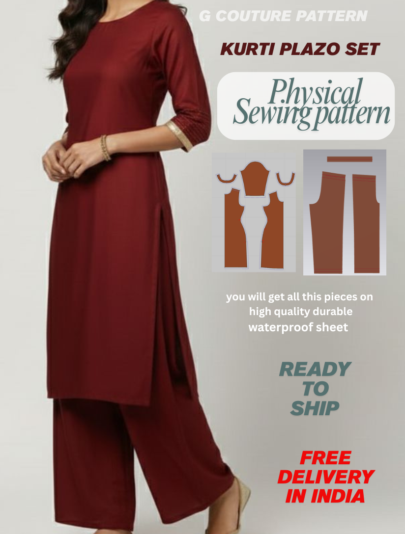 Physical Basic Women’s Kurti + plazo Set – 3/4 Sleeve Physical Sewing Pattern- size xxs to 3xl