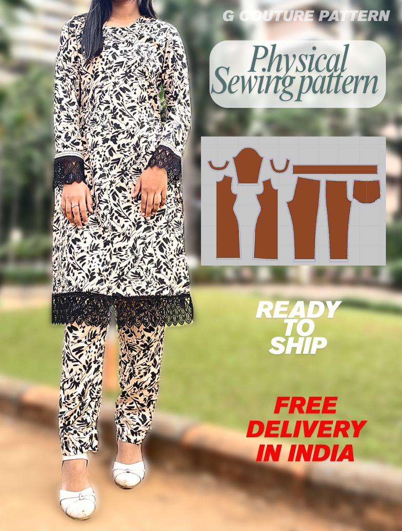 Physical Basic Women’s Kurti + Pant Set – 3/4 Sleeve Physical Sewing Pattern- size xxs to 4xl