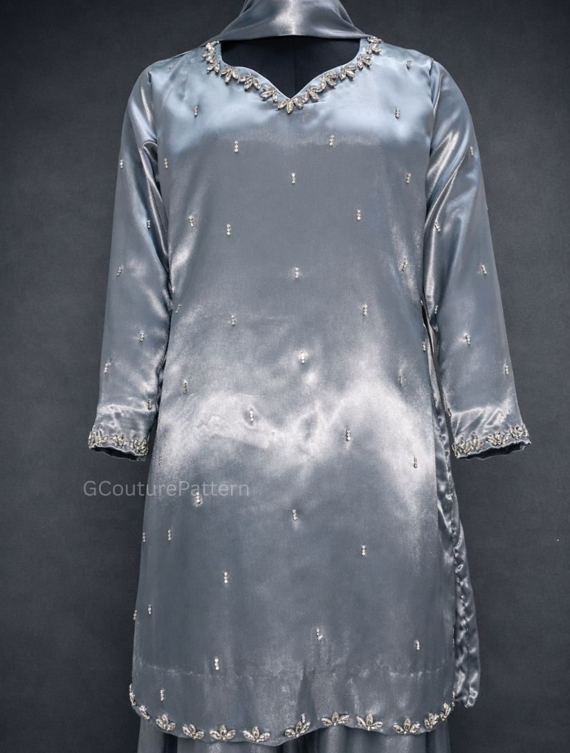 Designer Farshi Shalwar Semi Loose-Fit Kurti Set – Ready Stitched