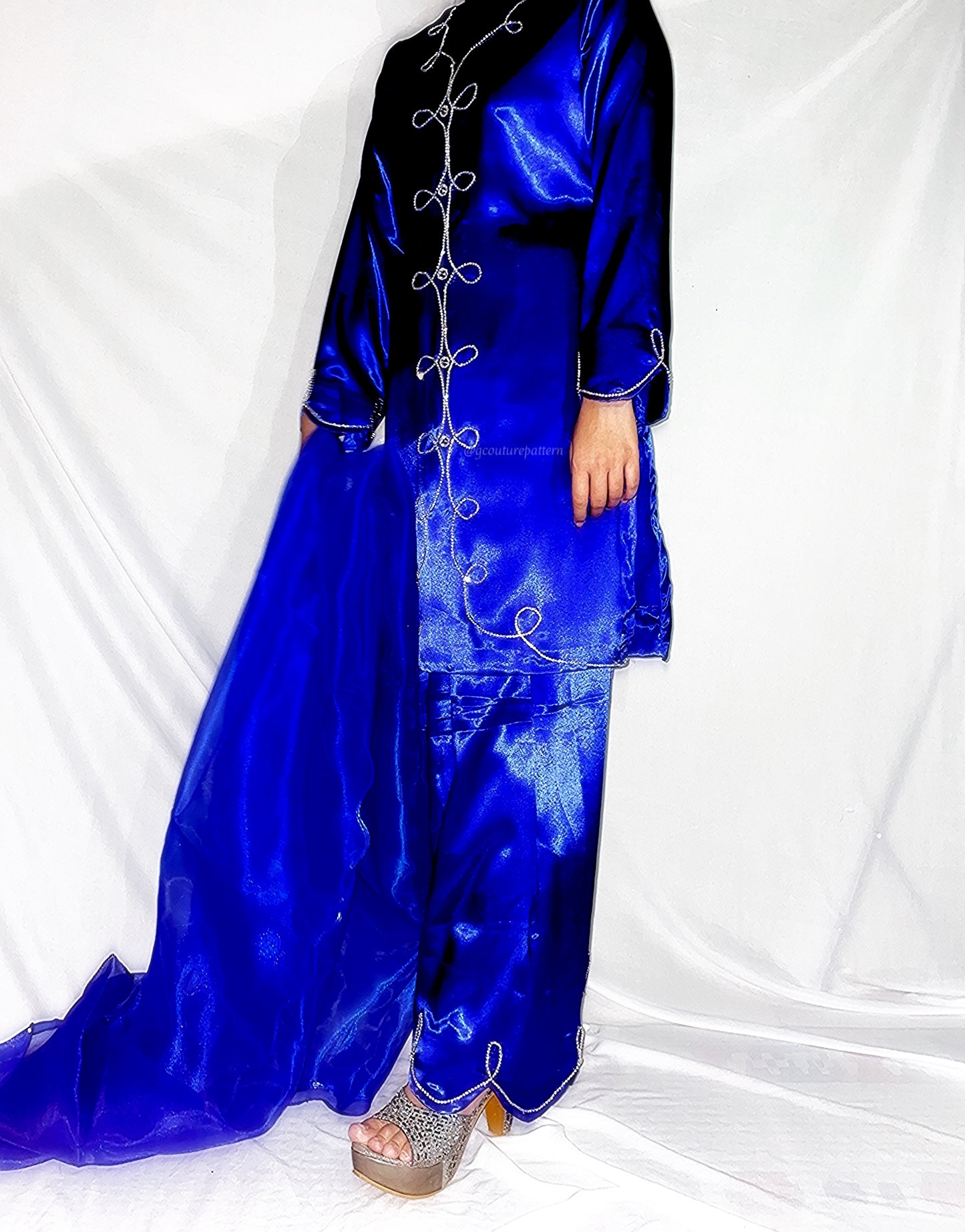 Designer Farshi Shalwar Royal blue 3 pc Set – Ready Stitched